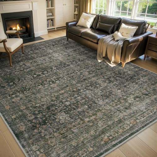 MontVoo-Vintage Area Rug 6X9 Green Rugs for Living Room-Soft Distressed Printed Rugs for Bedroom-Non Slip Carpet-Machine Washable Rug for Dining Room