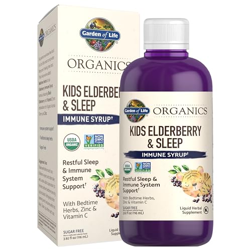 Garden of Life Organics Elderberry Immune Support for Kids with Zinc, Vitamin C - Kids Elderberry & Sleep Immune Syrup Liquid, Bedtime Herbs for Child