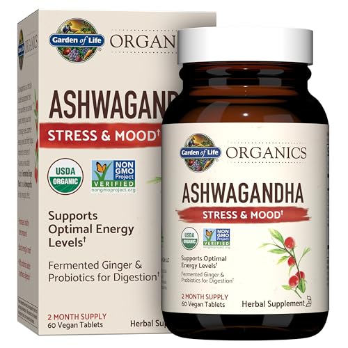 Garden of Life Organic Ashwagandha Supplement with Probiotics & Ginger - Stress, Mood & Energy Support, Vegan, Gluten Free, Non GMO, 2 Month Supply, 6