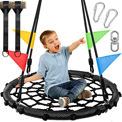 Odoland Spider Web Platform Swing, Outdoor Saucer Net Swings, 900D Oxford for Kids & Adults - Backyard Round Swing with Rope Straps & Turnbuckle, 24in