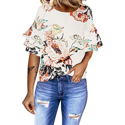 luvamia Women's Casual 3-4 Tiered Bell Sleeve Crewneck Loose Tops Blouses Shirt Small A2 Floral Pirnt Brilliant White