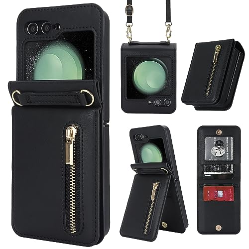 for Samsung Galaxy Z Flip 6 Luxury Zipper Wallet Phone Case, Multi-Function Kickstand Card Holder Adjustable Crossbody Strap, Fashion Flip Case.(Black