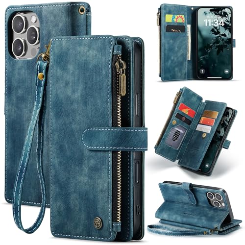 for iPhone 16 Pro Case with 7 Card Holder Slots Magnetic Zipper Pocket Pouch Flip KicStand Durable Premium Leather PU with Lanyard Strap Wristlet for