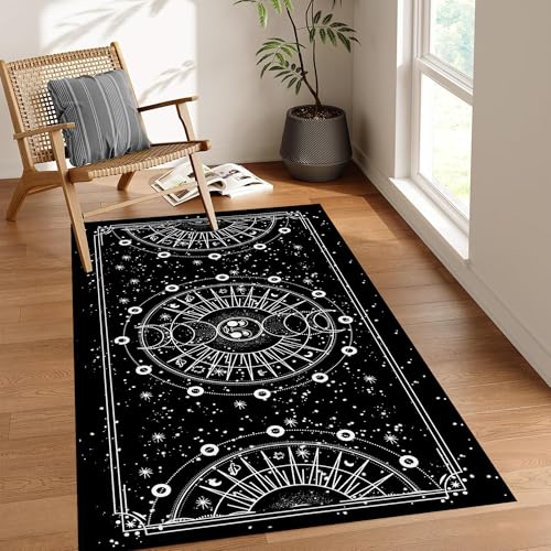 Sun and Moon Rug Boho Celestial Area Rugs for Bedroom Dorm Living Room Bohemian Occult Crescent Solar Stars Galaxy Floor Mat Pad Doormat,59" X 39",Bla