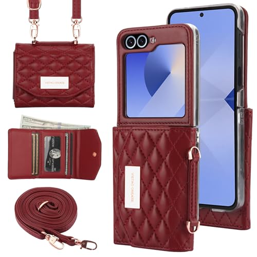 for Samsung Galaxy Z Flip 6 Wallet Case with Built-in Leather Cash Slot and Credit Card Holder, Adjustable Crossbody Strap, Hinge Protection for Women