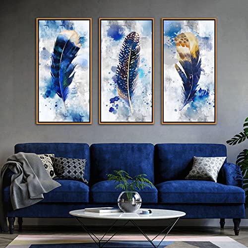 Framed wall art Feather Canvas Wall Art for Living Room Bedroom Large Modern Artwork Blue Watercolor feather Print picture 3 pieces Framed Wall Decor