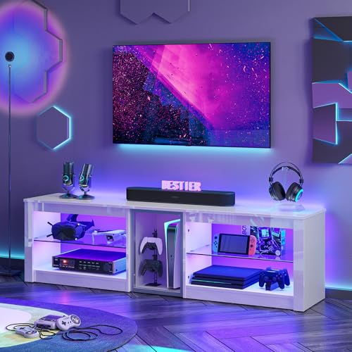 Bestier High Gloss TV Stand for 70 inch TV, Gaming Entertainment Center for PS5, LED TV Cabinet with Glass Shelves for Living Room, 63'' Inch, Bright