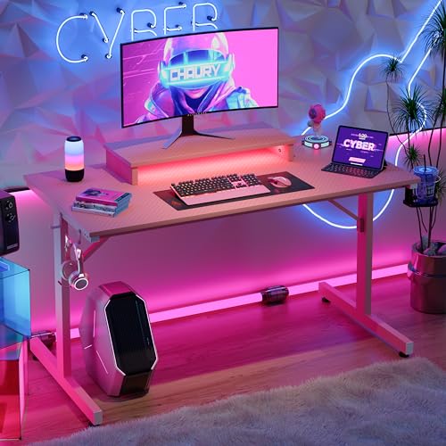 Bestier 42 inch Pink Gaming Desk with Monitor Stand, LED Computer Desk, Gamer Workstation with Cup Holder & Headset Hooks, Modern Simple Style Desk fo