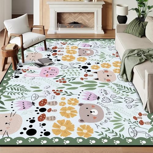 6' x 9' Animal Rug Cute Boho Area Rugs for Kids Bedroom Dorm Living Conference Room Green Cartoon Floral Throw Rug Floor Mat Pad Doormat Carpet,70"x10