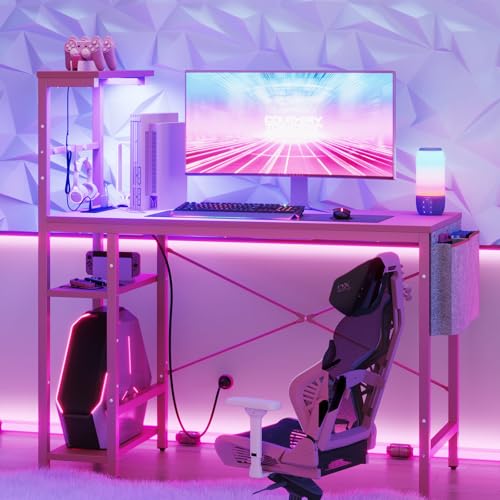 Bestier Pink Gaming Desk with Power Outlets, 44 Inch Led Gamer Desk with 4 Tiers Reversible Shelves, Computer Desk with Headset Hook & Side Storage Ba