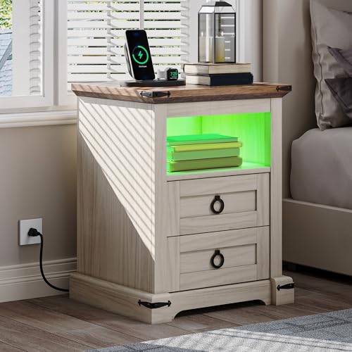 YITAHOME Farmhouse Nightstand with Charging Station, 2 Drawers Night Stand for Bedroom, LED End Table Side Table w-Open Shelf, Off White+Walnut Grain