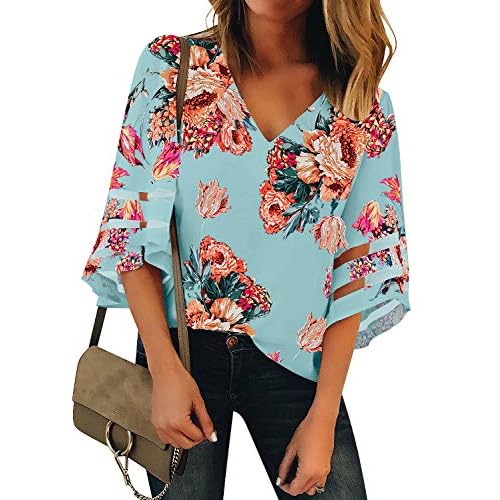 luvamia Women's Casual V Neck Blouse 3-4 Bell Sleeve Mesh Panel Shirts Loose Top X-Large C Floral Print Blue Topaz