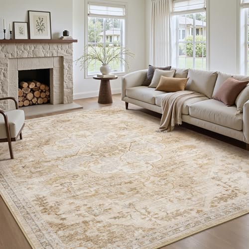 tchdio 5x7 Area Rugs for Living Room, Vintage Non Slip Washable Rug, Soft Low Pile Neutral Area Rug Large Floor Indoor Carpet for Bedroom, Dining Room