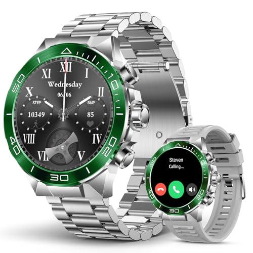 Men's Smart Watch with Bluetooth Calls, 1.43" Ultra HD AMOLED, Blood Oxygen-Heart Rate Monitor, Dual Strap Metal-Silicone, 107 Exercise Modes, Waterpr