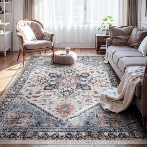 Washable Rugs for Living Room 8x10 Area Rug Soft Living Room Carpet-Rugs for Bedroom Vintage Oriental Floral Dining Room Non Slip Blue Rust Blue 8' x