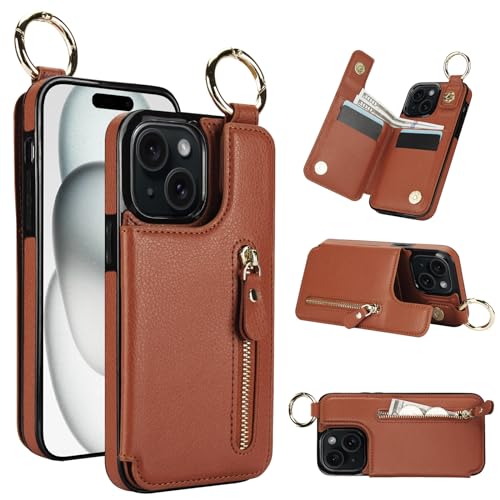 for iPhone 14 Wallet Case with Zipper and Credit Card Holder, Cash Slot, PU Leather Magnetic Clasp Kickstand Heavy Duty Ring Protective Cover.(Brown)
