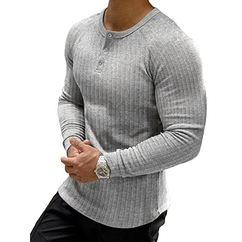 Muscle Cmdr Men's Ribbed Henley Shirt Short Sleeve Slim Fit Muscle Shirt Fitted Cotton Casual Long Sleeve Small Grey_long