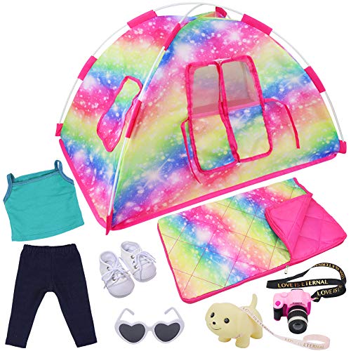 ZITA ELEMENT 7-Piece Fashion Doll Camping Set - Tent, Sleeping Bag, Clothes, Shoes, Camera, Glasses, Dog Toy Tent Set