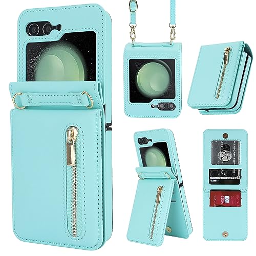 for Samsung Galaxy Z Flip 6 Luxury Zipper Wallet Phone Case, Multi-Function Kickstand Card Holder Adjustable Crossbody Strap, Fashion Flip Case.(Blue)