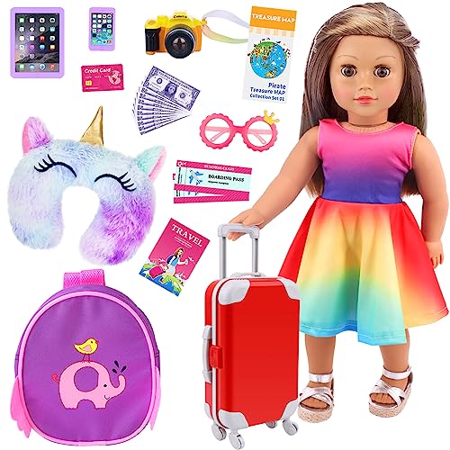 K.T. Fancy 23 PCS 18 Inch Girl Doll Accessories Suitcase Travel Set Including Clothes Suitcase Backpack Camera Pad Cell Phone Neck Pillow Pink Glasses