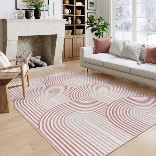 Moynesa Abstract Rainbow 5x7 Area Rugs for Living Room, Washable Soft Pink Rugs for Bedroom Girl Nursery Classroom Easy Clean, Mid Century Modern Acce