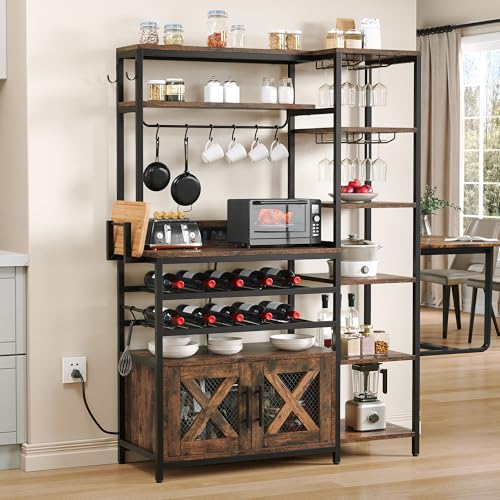 YITAHOME Large Wine Rack, Industrial Bakers Rack w-Power Outlet, 6-Tier L Shaped Liquor Bar Cabinet Unit for Home w-Glass Holder, Corner Coffee bar Ca