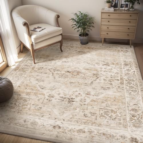 AMOAMI-4X6 Area Rugs for Living Room -Soft Vintage Bedroom Rugs-Non Slip Washable Rug-Throw for Living Room Bedroom Bedside Dining Room Office Beige B