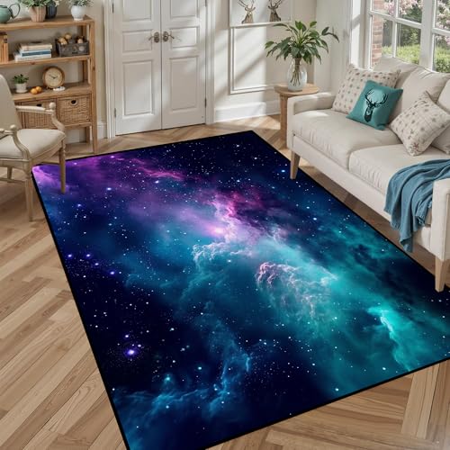5' X 7' Galaxy Area Rug Dark Blue Starry Sky Carpets for Kids Bedroom Living Room Glitter Outer Space Throw Rugs Floor Mat Galaxy 6 5' x 7' (Rectangul
