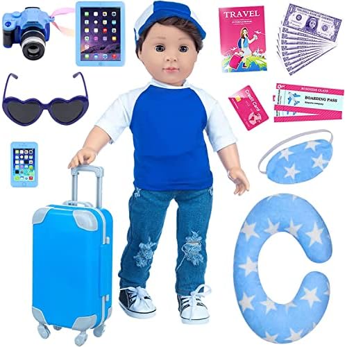 Ecore Fun 24 Pcs 18 Inch Boy Doll Clothes and Accessories Suitcase Play Set Included Travel Carrier Clothes Camera Phone Travel Pillow Passport Ticket