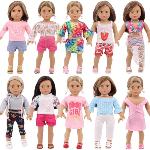 18 Pcs American 18 inch Doll Clothes,10 Sets Girl Doll Clothing and Accessories Outfits for 18 Inch Girl Doll,Including Dress,Shorts,Swimsuits (No Dol
