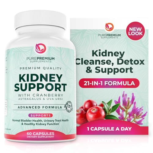 PurePremium Kidney Support Supplement – Kidney Cleanse Detox & Repair with Cranberry Extract & Astragalus - 21-in-1 Complex Supports Normal Bladder,
