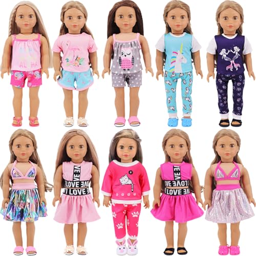 18 Inch American Doll Fashion Clothes, 10 Sets-20PC Stylish Doll Clothes Fit for 16-18 inch Dolls Pretend Playset, Birthday Gifts Children's Day Gift