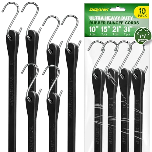 Bungee Cords with Hooks (10 Pack) Heavy Duty Outdoor Rubber Tarp Straps in 10", 15", 21", 31" Sizes, Crimped S Hooks for Cargo, Bikes, Camping Gear, L