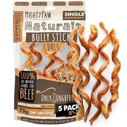 Mighty Paw Naturals Curly Bully Sticks for Dogs - Grass Fed Beef Chews. Bully Sticks for Large Dogs, Medium, Small Breeds. Lower Odor Treats for Small