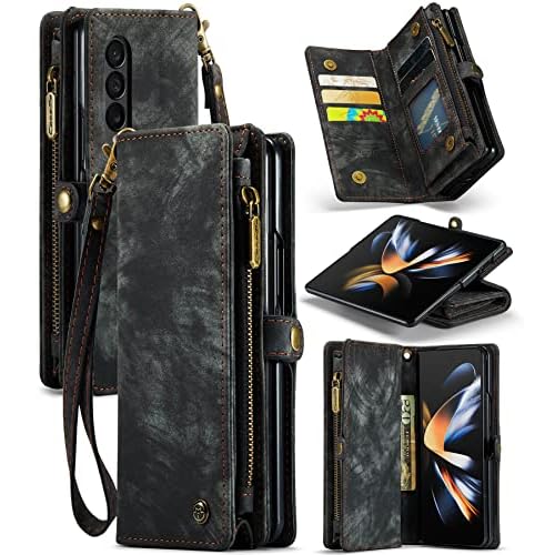 for Samsung Galaxy Z Fold 4 Case with 5 Card Holder Slots and 1 Cash Slot Magnetic Closure Zipper Pocket Flip, Premium Leather PU with Lanyard Strap W