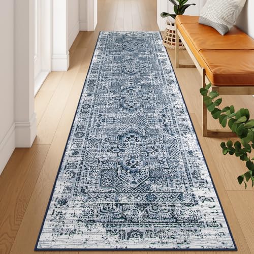 Lahome Washable 2x8 Runner Rug with Rubber Backing, Vintage Soft Long Carpet Runner for Hallway Non-Slip, Blue Indoor Floor Runner Rugs for Bedroom Be