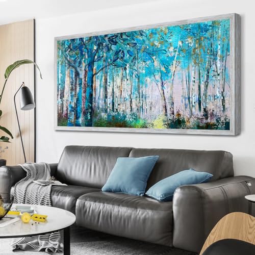 Ardemy Framed Blue Tree Canvas Wall Art Extra Large, Forest Landscape Picture Nature Teal Abstract Painting Artwork for Living Room Bedroom Home Offic
