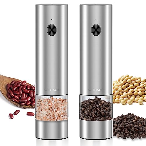Stainless Steel Electric Pepper Grinder & Salt Mill Set - Battery Operated One-Hand Operation Adjustable Coarseness LED Light Transparent Container Ea