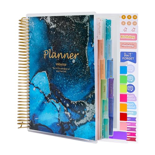 Large Undated Planner, 8.9”x7.1”, PET Cover Daily Weekly Monthly Yearly Agenda Plan Organizer Sprial Notebook Journal for 2024, 2025, Page Tabs, S