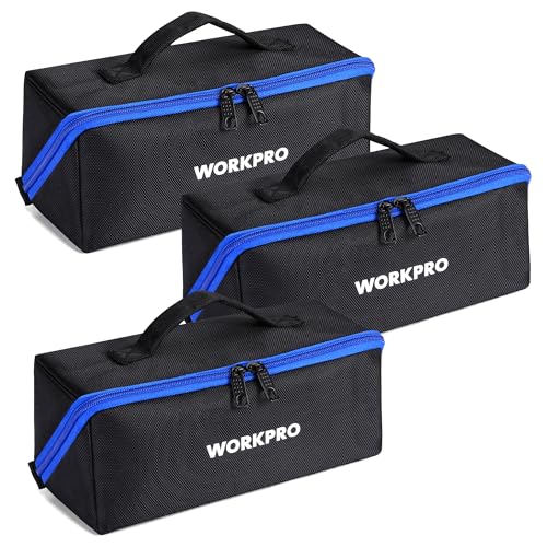 WORKPRO Tool Bag with Zipper, 10" Utility Wide Mouth Heavy Duty Tool Storage Bag, Multipurpose Zipper Tool Pouch Tote Bag for Organizer 3-pack Black