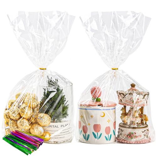 50 Pack Cellophane Bags,Clear Flat bottom Cellophane Treat Bags with 50 Pack Twist Ties for Candy Popcorn Cookie Small Gift Wrapping(7x12x3.15 Inches)