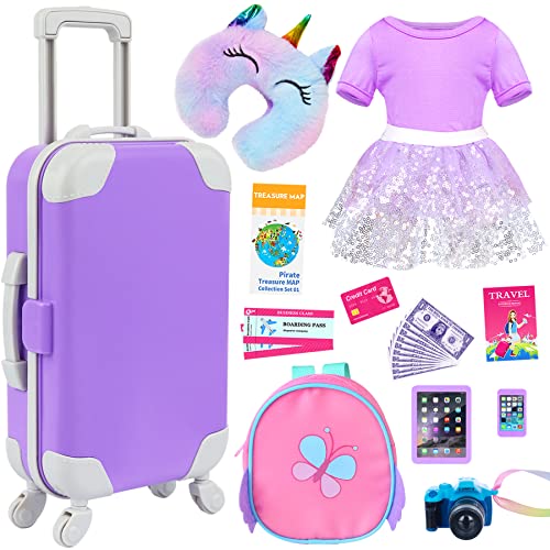 K.T. Fancy 23 pcs American 18 Inch Doll Accessories Suitcase Travel Luggage Play Set for 18 Inch Doll Travel Carrier, Sunglasses Camera Computer Phone