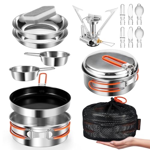 Odoland Camping Cookware Kit, Ceramic Non-Stick Cooking Set with Plates, Bowls, Forks, Knives, Spoons for Camping, Backpacking, Hiking, Picnics Campin