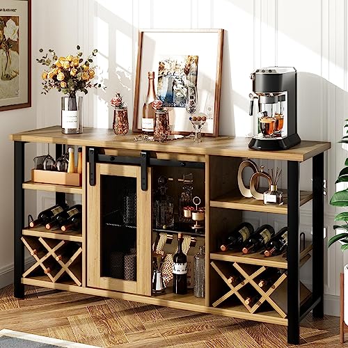 Garvee 55" Farmhouse Wine Bar Cabinet, NAT-Brown, Coffee Bar Rack