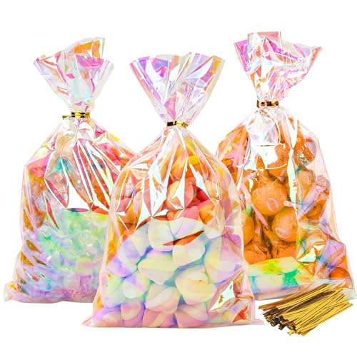 NPLUX Cellophane Treat Bags Plastic Iridescent Party Favor Bags Clear Candy Bags with Twist Ties for Gift Bags(100PACK, 6x10inch) 1 Count (Pack of 100