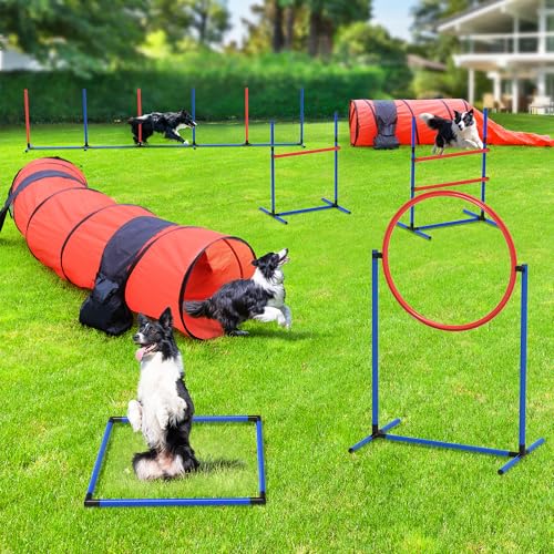 YITAHOME Dog Agility Equipments: Includes Flirt Pole, 3 Flying Discs, 2 Agility Tunnel, 3 Jumps, 6 Weave Poles, Pause Box, Agility Course Set for Back