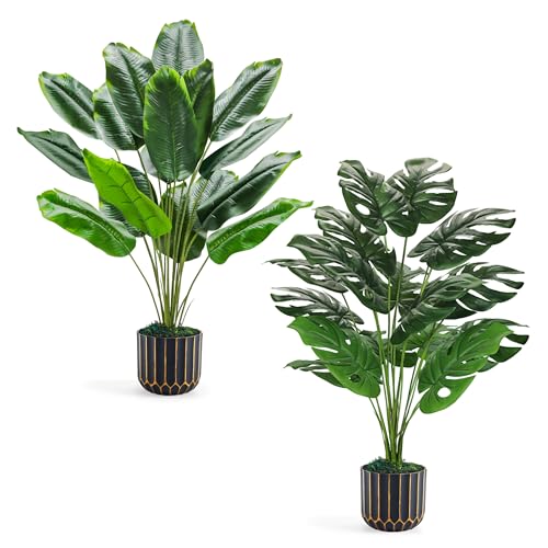 Der Rose 2 Pack 28" Tall Bird of Paradise Artificial Plants and Artificial Monstera Plants Tropical Fake Potted Banana Tree Faux Plants Indoor and Out