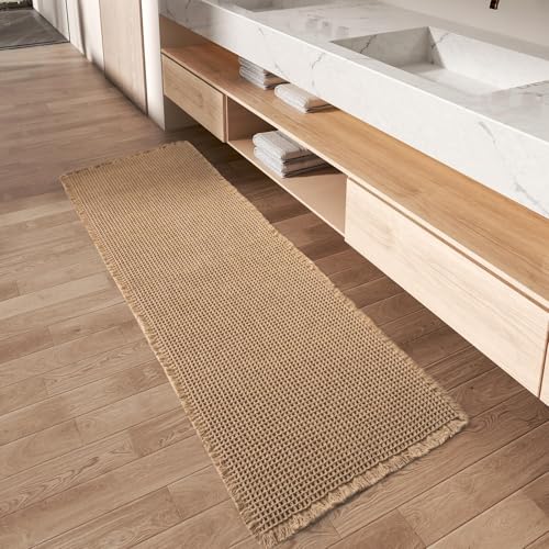 AMOAMI Upgraded Waffle Runner Rug, Super Absorbent Non Slip Bath Mats for Bathroom Floor, Machine Washable Bathroom Boho Runner Rug with Tassels, Idea