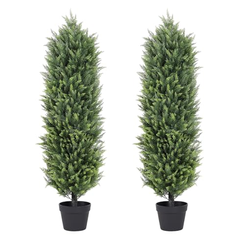 24" Fall Boxwood Topiary Ball Trees Artificial Outdoor Set of 2, UV Resistant Tall Faux Plants for Front Porch, 2ft Fake Bushes & Shrubs for Outside P