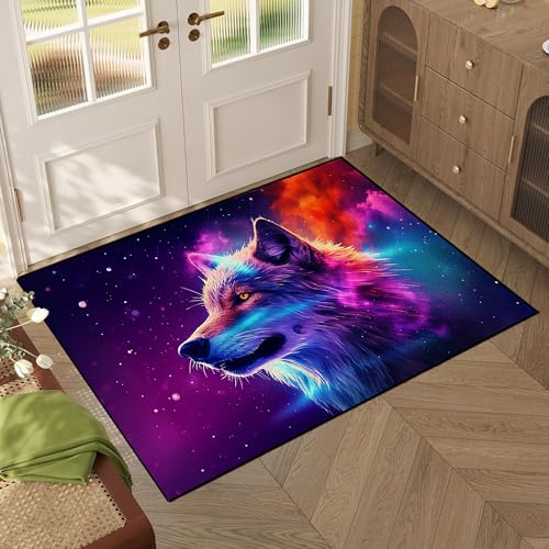 Galaxy Wolf Rug 3D Fierce Wolves Area Rugs for Bedroom Living Room Playroom Gameroom Boys Kids Colorful Glitter Throw Rugs Floor Mat Carpet 63 in x 31